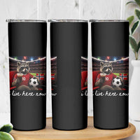 Norway Soccer Football Fan Norge Norwegian Flag Skinny Tumbler Funny Raccoon Drinking Iced Coffee