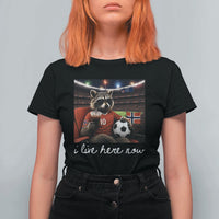 Norway Soccer Football Fan Norge Norwegian Flag T Shirt For Women Funny Raccoon Drinking Iced Coffee