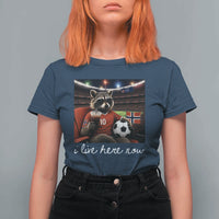 Norway Soccer Football Fan Norge Norwegian Flag T Shirt For Women Funny Raccoon Drinking Iced Coffee