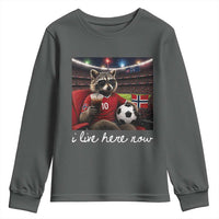 Norway Soccer Football Fan Norge Norwegian Flag Youth Sweatshirt Funny Raccoon Drinking Iced Coffee