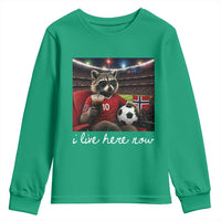 Norway Soccer Football Fan Norge Norwegian Flag Youth Sweatshirt Funny Raccoon Drinking Iced Coffee