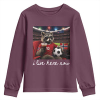 Norway Soccer Football Fan Norge Norwegian Flag Youth Sweatshirt Funny Raccoon Drinking Iced Coffee