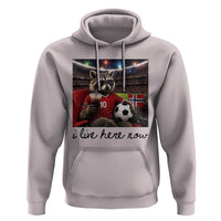 Norway Soccer Football Fan Norge Norwegian Flag Hoodie Funny Raccoon I Live Here Now