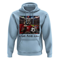 Norway Soccer Football Fan Norge Norwegian Flag Hoodie Funny Raccoon I Live Here Now