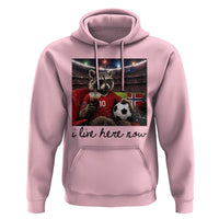 Norway Soccer Football Fan Norge Norwegian Flag Hoodie Funny Raccoon I Live Here Now