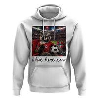 Norway Soccer Football Fan Norge Norwegian Flag Hoodie Funny Raccoon I Live Here Now