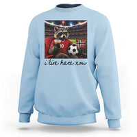 Norway Soccer Football Fan Norge Norwegian Flag Sweatshirt Funny Raccoon I Live Here Now