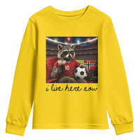 Norway Soccer Football Fan Norge Norwegian Flag Youth Sweatshirt Funny Raccoon I Live Here Now