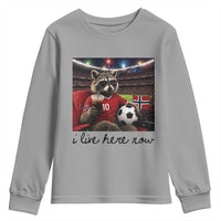 Norway Soccer Football Fan Norge Norwegian Flag Youth Sweatshirt Funny Raccoon I Live Here Now