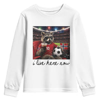 Norway Soccer Football Fan Norge Norwegian Flag Youth Sweatshirt Funny Raccoon I Live Here Now
