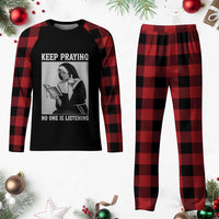 Funny Smoking Nun Plaid Pajama Set Keep Praying No One Is Listening