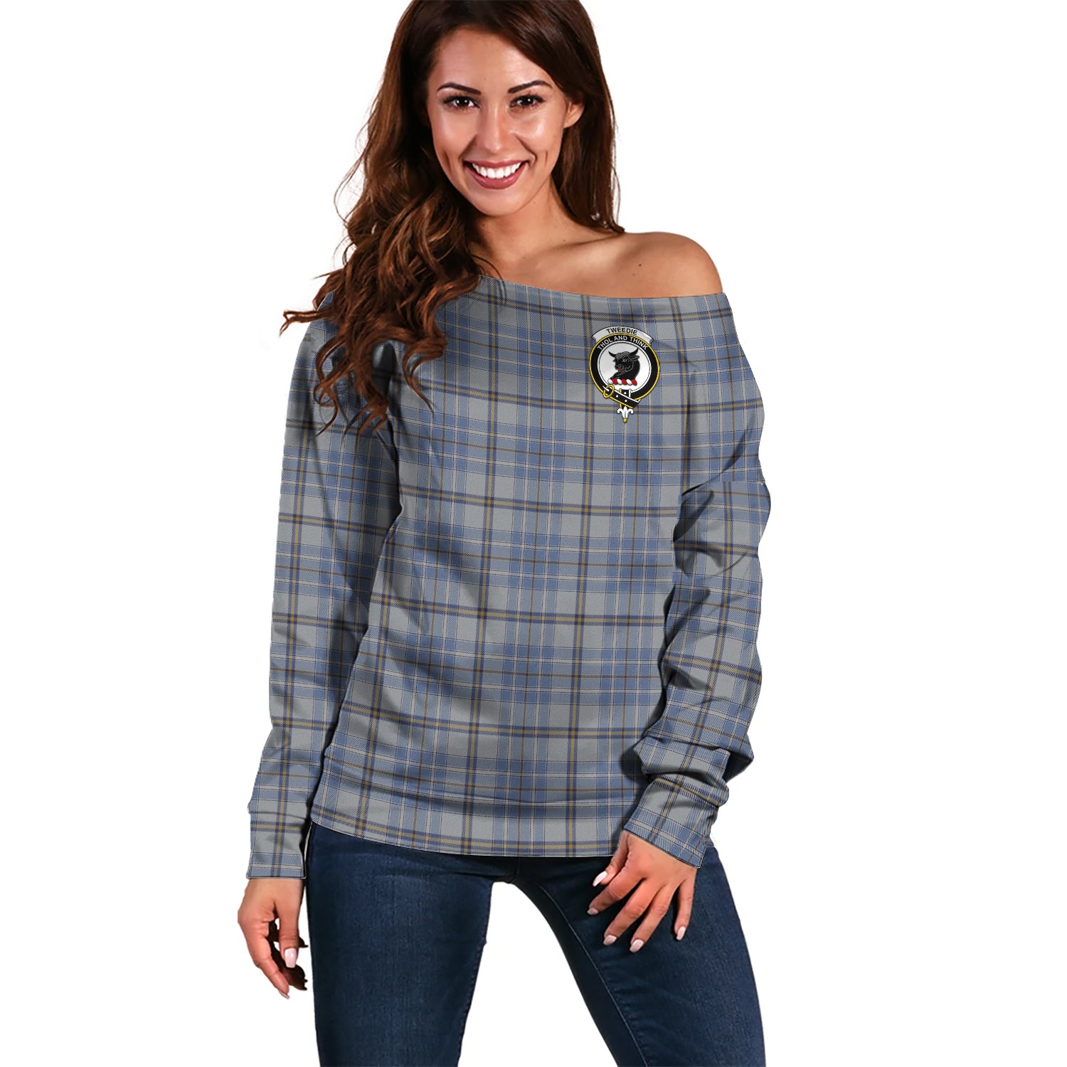 tweedie-clan-tartan-off-shoulder-sweater-family-crest-sweater-for-women