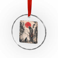 Vintage Japanese Art Bigfoot Samurai Warrior and Black Cat Crystal Glass Ornament Sasquatch Lovers Vintage Graphic Ukiyo-e Art
