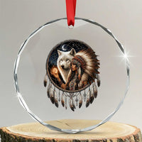 Vintage Native American Woman With White Wolf Graphic Crystal Glass Ornament