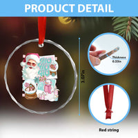 Vintage Xmas Crystal Glass Ornament Pink Santa Claus Ho Ho Ho TS09