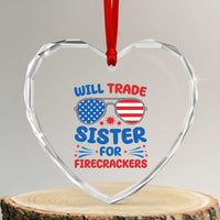 Will Trade Sister for Firecrackers Heart Crystal Glass Ornament Funny 4th of July Patriotic Humor - Wonder Print Shop