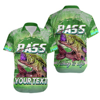 Green fishing Hawaiian shirt with bass fish graphic, bold 'BASS' text and 'YOUR TEXT'