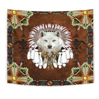 Native American White Wolf With Headress Feathers Tapestry LT10 - Wonder Print Shop