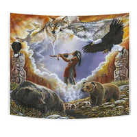 Multicolor Native American tapestry with eagle, wolves, bear, and totem figures