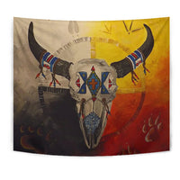 Close-up buffalo skull medicine wheels tapestry flag, multicolor graphic