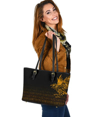 Viking Small Leather Tote Bag - The Raven Of Odin Rune, Gold RLT12 - Wonder Print Shop
