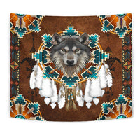 Gray wolf head and teal beaded mandala tapestry on brown background