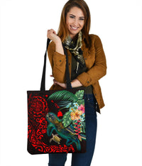 Red and green turtle hibiscus tote bag with black background, tribal pattern, two handles.