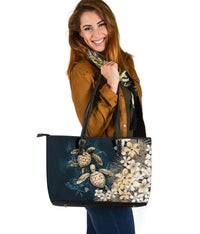 Kanaka Maoli (Hawaiian) Leather Tote - Sea Turtle Tropical Hibiscus and Plumeria Gold - Wonder Print Shop