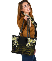 Viking Small Leather Tote, Fenrir Raven and Vegvisir Tattoo Yellow RLT12 - Wonder Print Shop