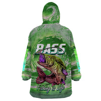 Green wearable fishing hoodie blanket, back with bass graphic and 'Fishing is Life' text.