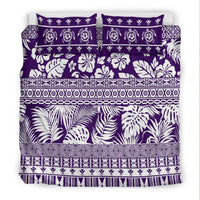 Purple & white patterned duvet cover with two pillowcases, flat lay