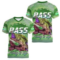 Bass Fishing is Life Hook Sport Largemouth Green Women V Neck T Shirt - Wonder Print Shop
