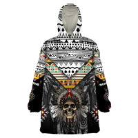 Native American Headdress With Human Skull African Pattern With Geometric Motifs Wearable Blanket Hoodie - Wonder Print Shop