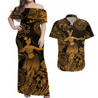 Off-shoulder maxi Hawaiian dress, black with gold hula dancer print