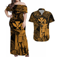 Off-shoulder maxi dress and short-sleeve shirt, black with gold Polynesian print