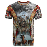Native American Feather Headdress With Native Horses And Three Wolves In Moonlight African Pattern T Shirt - Wonder Print Shop