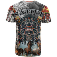 Native American Feather Headdress With Native Horses And Three Wolves In Moonlight African Pattern T Shirt - Wonder Print Shop