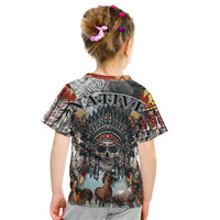 Native American Feather Headdress With Native Horses And Three Wolves In Moonlight African Pattern Kid T Shirt - Wonder Print Shop