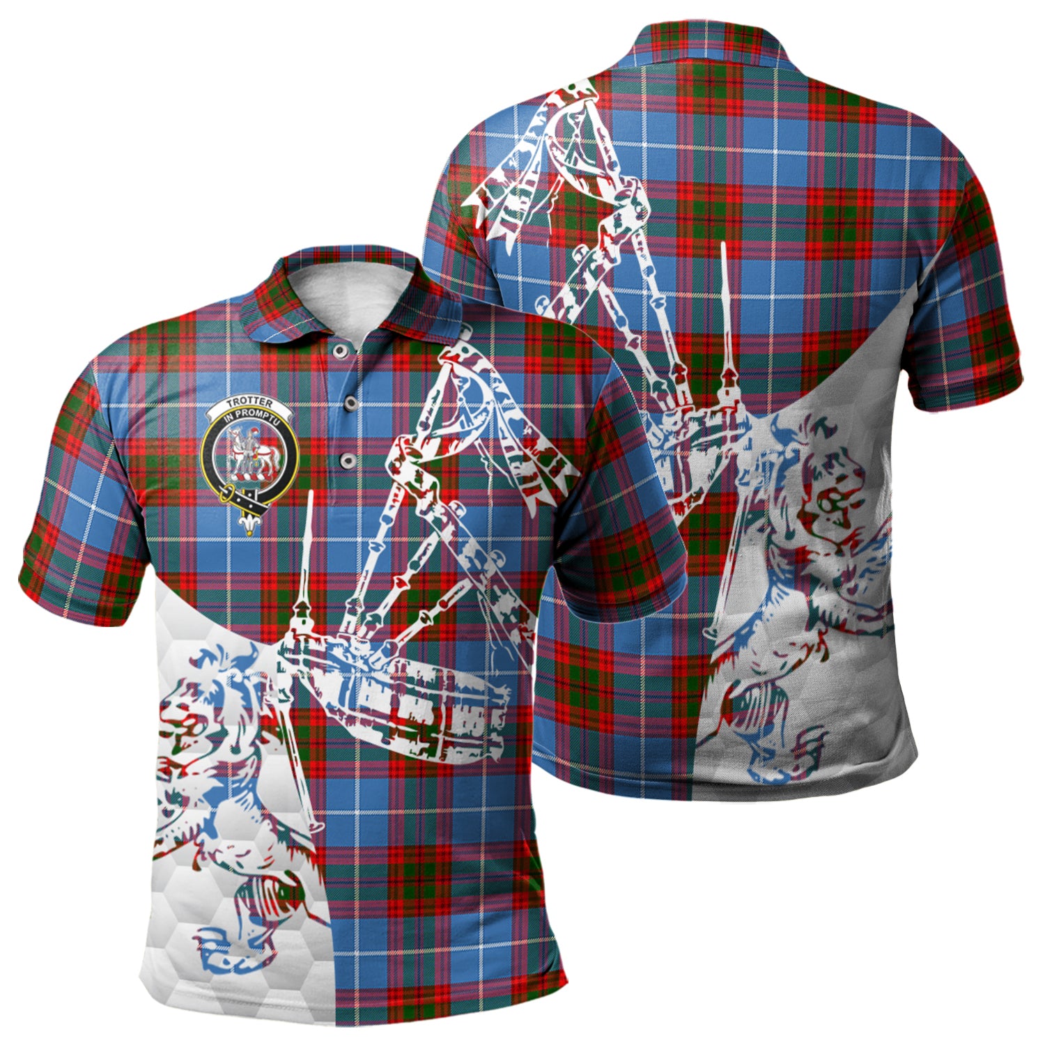 scottish-trotter-clan-crest-tartan-polo-shirt-lion-and-bagpipes-style