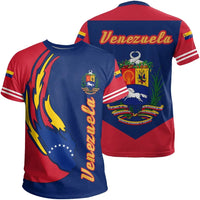 Red/blue Venezuela graphic T-shirt, front and back views, striped sleeves