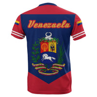 Red and blue Venezuela crest T-shirt, back with 'Venezuela' and shield emblem