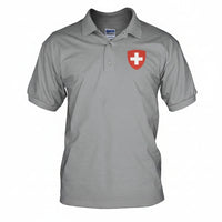 Men’s gray polo shirt with red shield and white cross crest on the chest