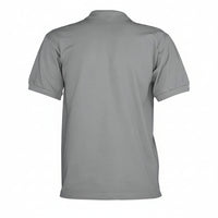 Men’s gray polo shirt, back view with short sleeves and ribbed collar