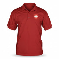 Men’s red polo shirt with red shield and white cross crest on the chest