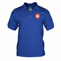Men’s blue polo shirt with red shield and white cross crest on the chest