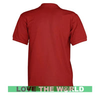 Men’s red polo shirt, back view with short sleeves and ribbed collar