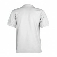 Men’s white polo shirt, back view with short sleeves and ribbed collar