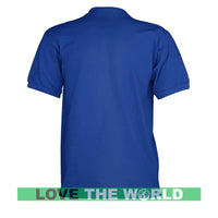 Men’s blue polo shirt, back view with short sleeves and ribbed collar