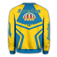 Back Sweden sweatshirt, yellow/blue with crown graphic and 'Sweden' on sleeves