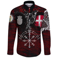 Viking Long Sleeve Button Shirt Denmark Raven of Odin and Symbol Viking on Blood Background RLT13 - Wonder Print Shop